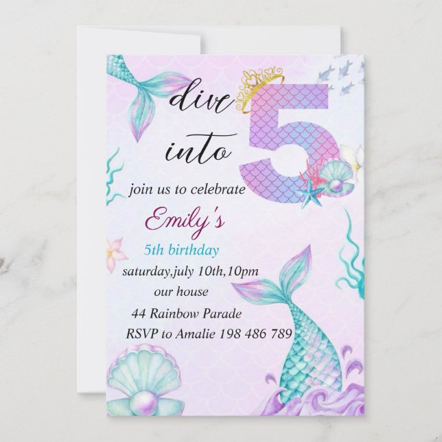 Dive into Five 5th Birthday Mermaid invitation (Front)