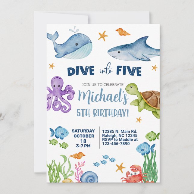 Dive into five boy 5th birthday sea life invite. invitation (Front)