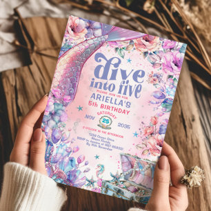 Dive into Five Flower Glitter Mermaid Tail  Invitation
