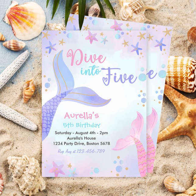 Dive Into Five Girl 5th Birthday Party Invitation (Creator Uploaded)