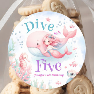 Dive Into Five! Girl Pink Mermaid 5th Birthday Classic Round Sticker