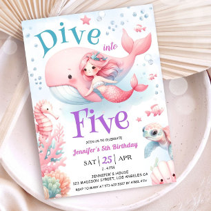 Dive Into Five! Girl Pink Mermaid 5th Birthday  Invitation