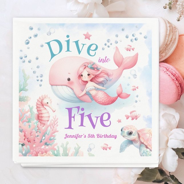 Dive Into Five! Girl Pink Mermaid 5th Birthday Napkin (Creator Uploaded)