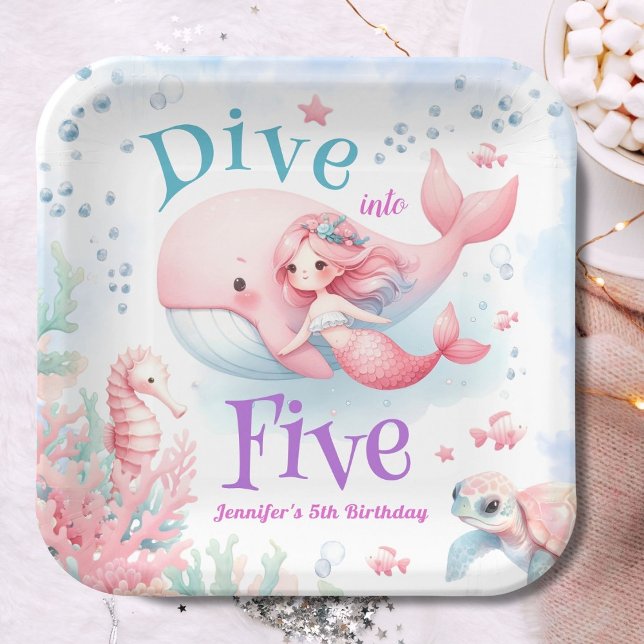 Dive Into Five! Girl Pink Mermaid 5th Birthday Paper Plate (Creator Uploaded)