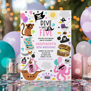 Dive Into Five Girl Pink Pirate 5th Birthday Party Invitation