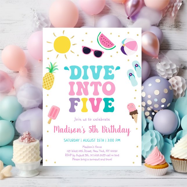 Dive into Five Girl Pool Party 5th Birthday Invitation (Creator Uploaded)