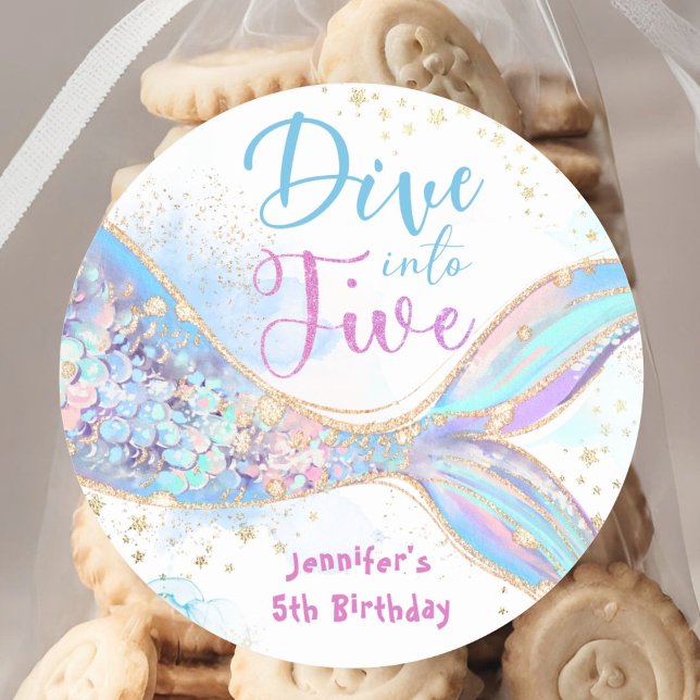 Dive into Five Mermaid 5th Birthday Dive into Five Classic Round Sticker (Creator Uploaded)