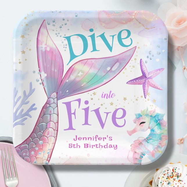 Dive into Five Mermaid 5th Birthday Paper Plate (Creator Uploaded)