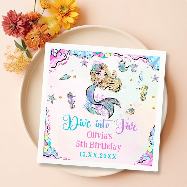 Dive Into Five Mermaid Girl 5th Birthday Party  Napkin (Creator Uploaded)
