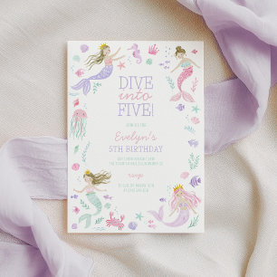 Dive into Five Mermaid Girls Birthday purple Invitation