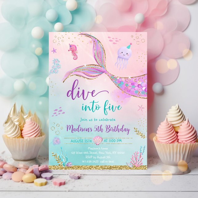 Dive Into Five Mermaid Pink Purple 5th Birthday Invitation (Creator Uploaded)