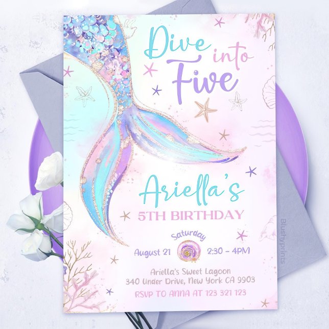 Dive into Five Mermaid Purple Teal 5th Mermaid Bir Invitation (Creator Uploaded)