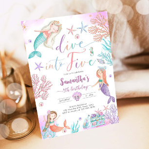 Dive Into Five Mermaid Under The Sea 5th Birthday Invitation