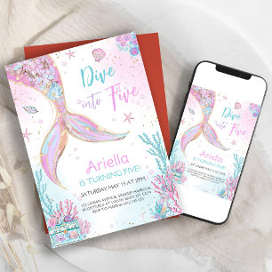 Dive Into Five Mermaid Under the Sea 5th Birthday  Invitation