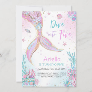 Dive Into Five Mermaid Under the Sea 5th Birthday  Invitation