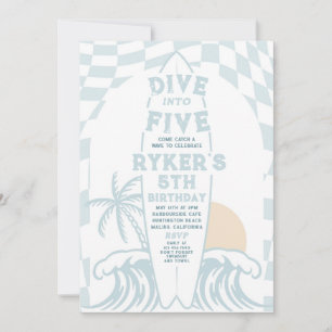 Dive Into Five Modern Surf Surfboard 5th Birthday Invitation