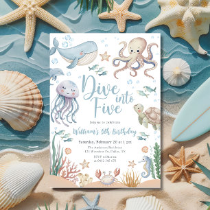Dive Into Five Ocean Animals 5th Birthday Invitation