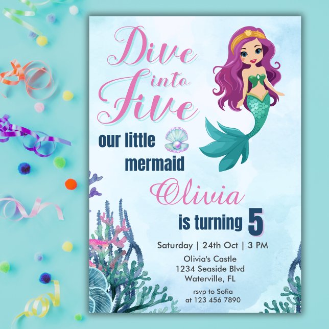 Dive into Five Purple Mermaid Girls 5th Birthday Invitation (Creator Uploaded)