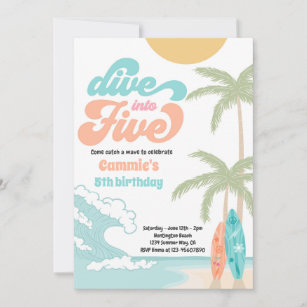 Dive Into Five Retro Surf 5th Birthday Party Invitation