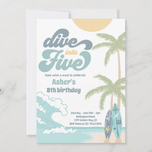 Dive Into Five Retro Surf 5th Birthday Party Invitation