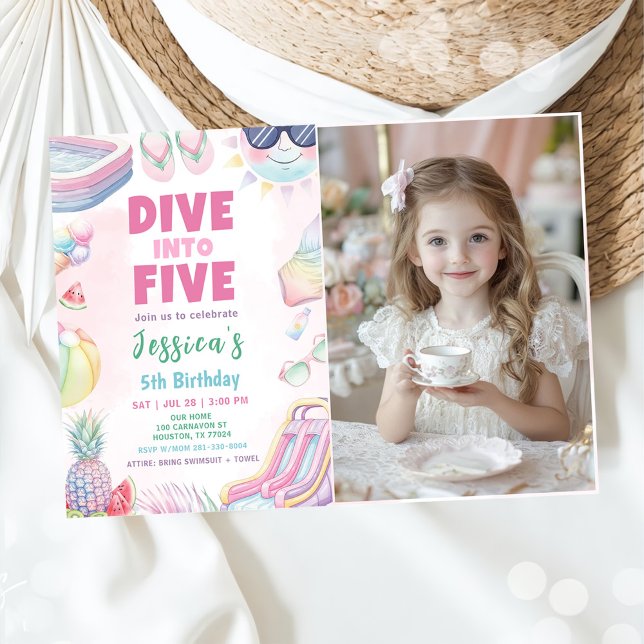 Dive Into Five - Summer Girl 5th Birthday Photo Invitation (Creator Uploaded)