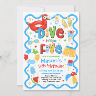 Dive Into Five Summer Pool Party 5th Birthday Invitation