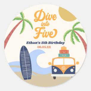Dive Into Five Surf Board 5th Birthday Party Classic Round Sticker