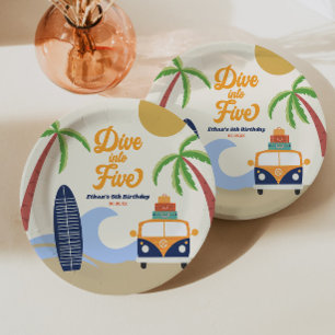 Dive Into Five Surf Board Blue 5th Birthday Party Paper Plate