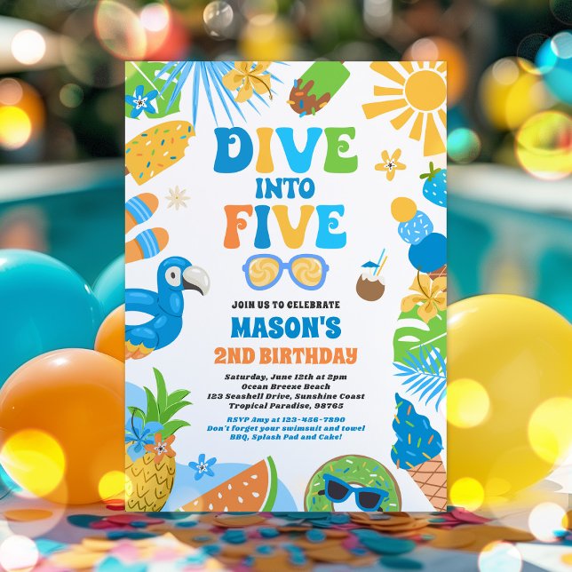 Dive Into Five Tropical Beach 5th Birthday Party Invitation (Creator Uploaded)
