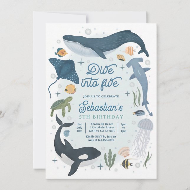 Dive Into Five Under The Sea 5th Birthday Invitation (Front)