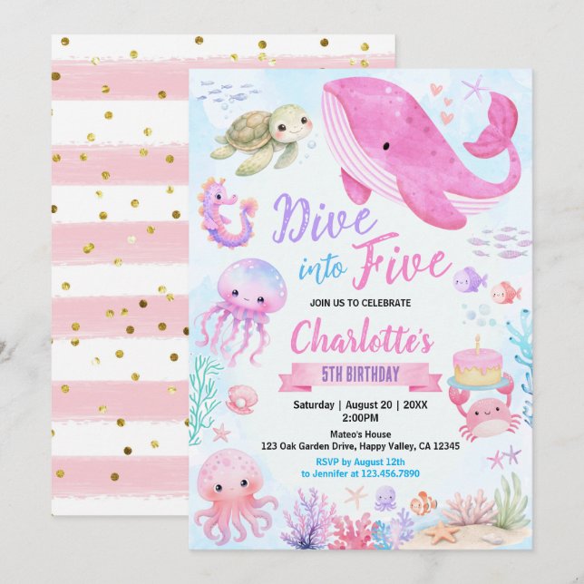 Dive into Five Under The Sea 5th Birthday Pink Invitation (Front/Back)