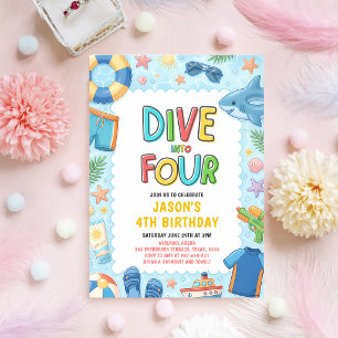 Dive Into Four Pool Party 4th Birthday Invitation