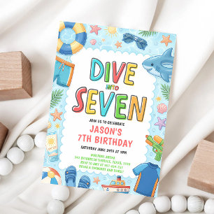 Dive Into Seven 7th Birthday Pool Party Invitation