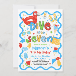 Dive Into Seven Summer Pool Party 7th Birthday Invitation