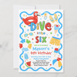 Dive Into Six Summer Pool Party 6th Birthday Invitation