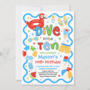 Dive Into Ten Summer Pool Party 10th Birthday Invitation