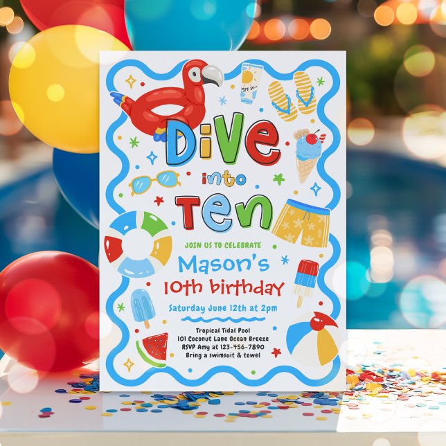 Dive Into Ten Summer Pool Party 10th Birthday Invitation (Creator Uploaded)