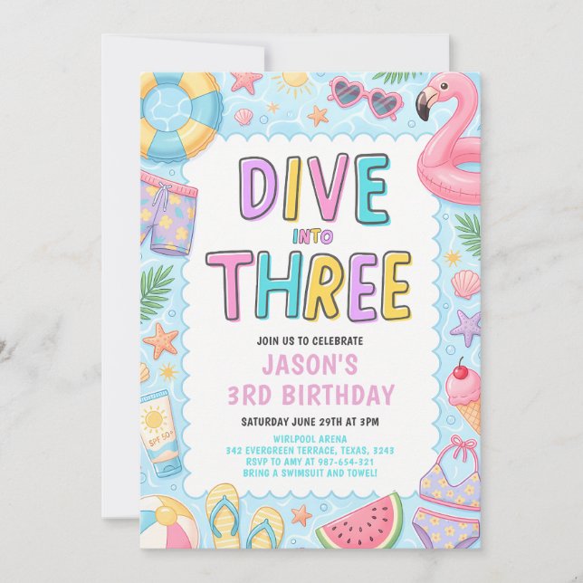 Dive Into Three Pool Party 3rd Birthday Invitation (Front)