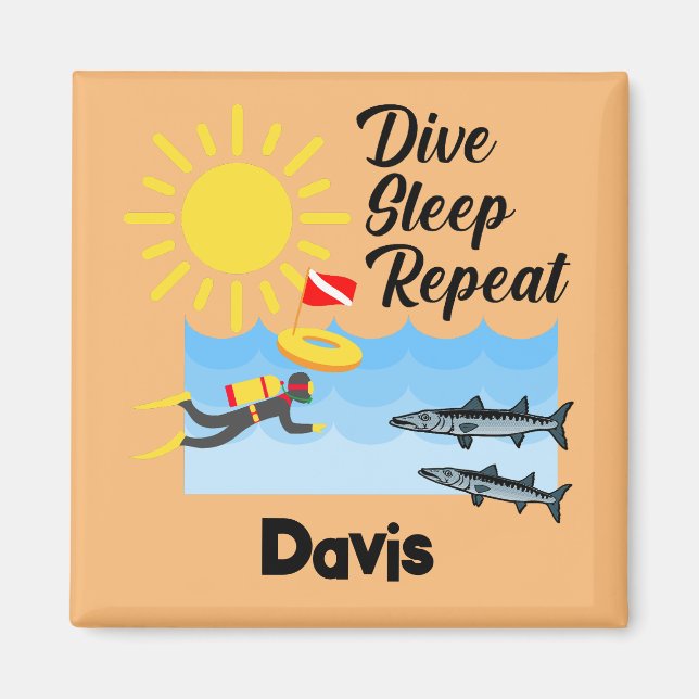 Dive Sleep Repeat Design - Square Magnet (Front)