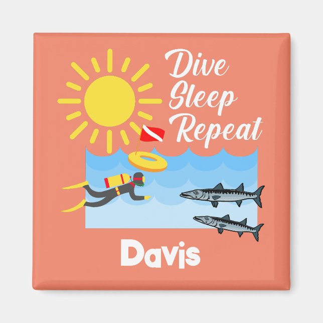 Dive Sleep Repeat Design - Square Magnet (Front)
