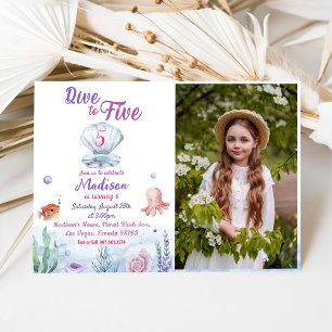 Dive To Five Mermaid 5th Birthday Party Photo Invitation