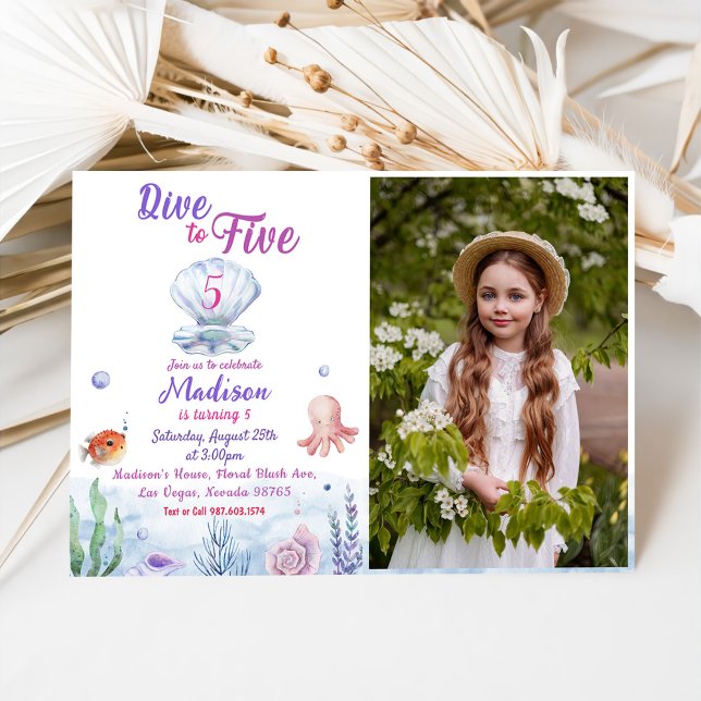Dive To Five Mermaid 5th Birthday Party Photo Invitation (Creator Uploaded)
