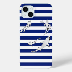 Diver and Sharks on Nautical Stripes iPhone 15 Mini Case