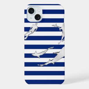 Diver and Sharks on Nautical Stripes iPhone 15 Plus Case