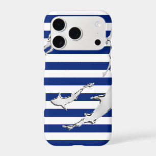 Diver and Sharks Silhouettes on Nautical Stripes