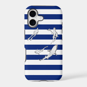 Diver and Sharks Silhouettes on Nautical Stripes