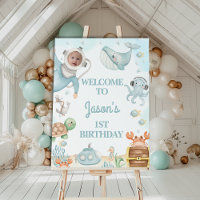 Diver Blue Oneder Sea 1st Birthday Welcome Sign