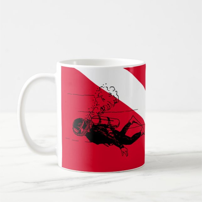 Diver down flag with retro diver illustration coffee mug (Left)