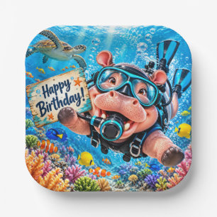 Diver Hippo Diving underwater Birthday Paper Plate