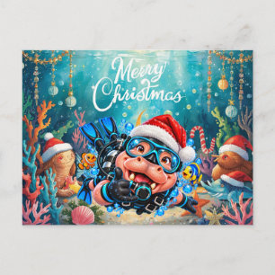 Diver Hippo Under the Sea Christmas Party Holiday Postcard